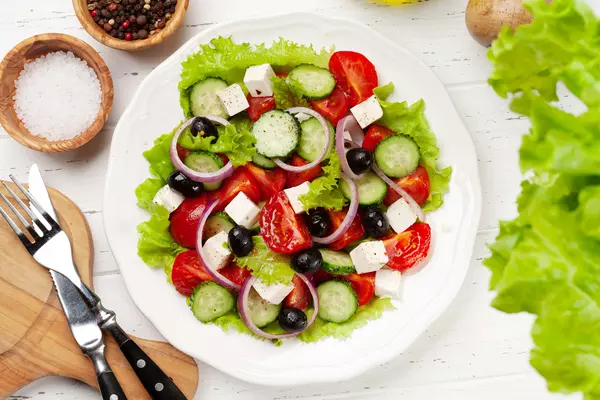 Classic greek salad with fresh garden vegetables.