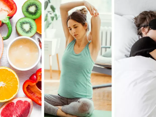 collage of healthy food woman stretching and woman sleeping