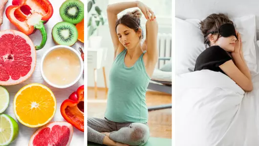 collage of healthy food woman stretching and woman sleeping