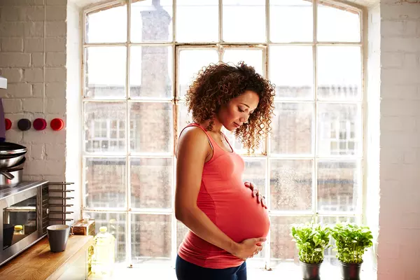 A pregnant woman holds her bump thoughtfully in her modern kitchen window on a sunny day